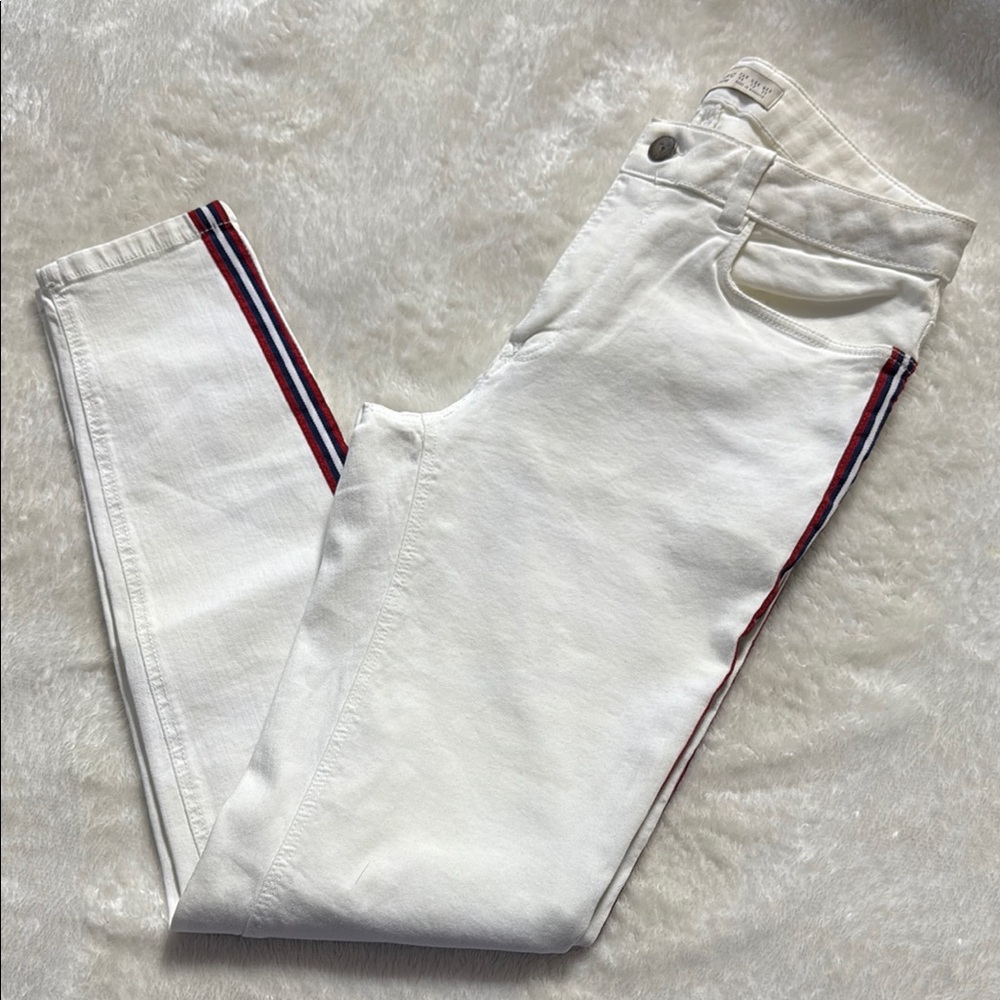 Zara White Skinny Jeans with Red Stripes